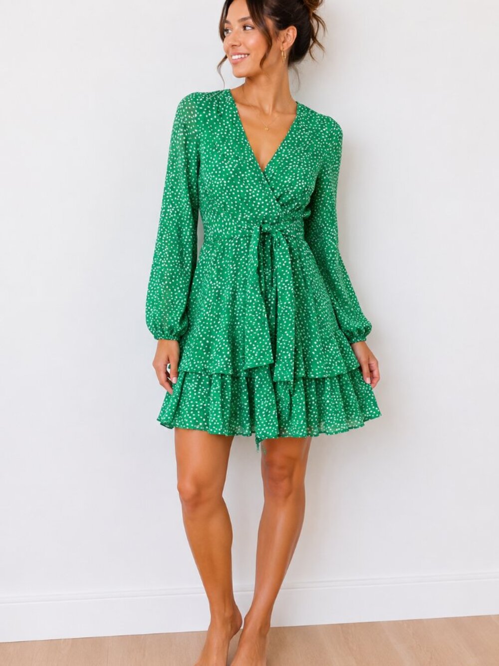 Japna Green Polka Dot Wrap Dress with Waist Tie